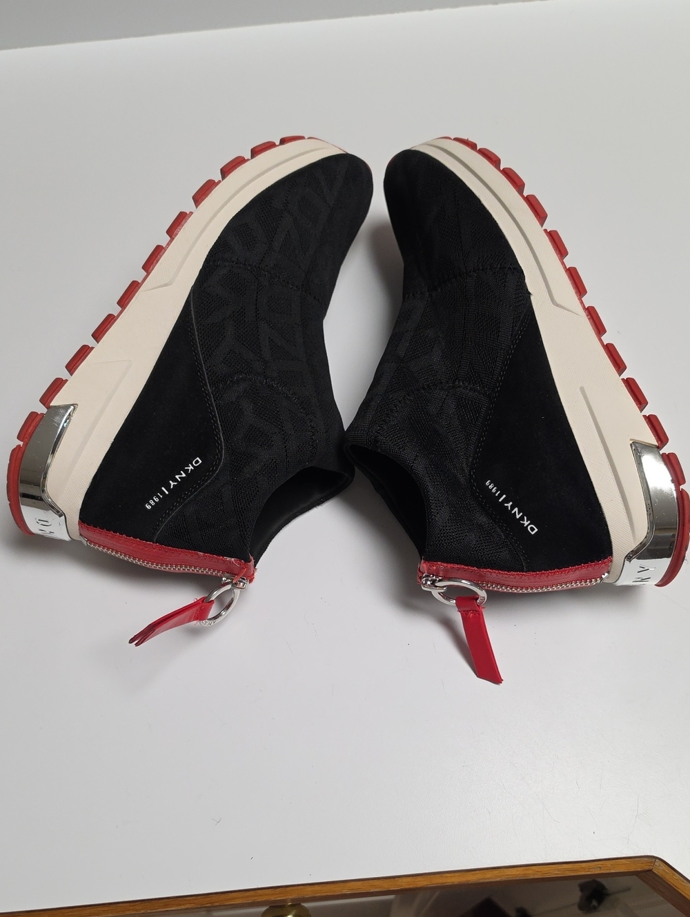 DKNY Mylo Knit Sock Slip-On Sneakers - Black/Red Zipper Accent - Size 11